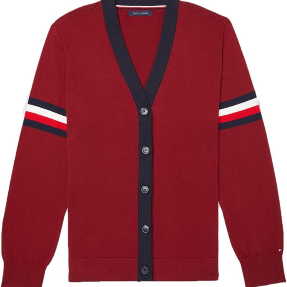Tommy Hilfiger Cardigan Size XS Burgundy w/ Stripe Detail